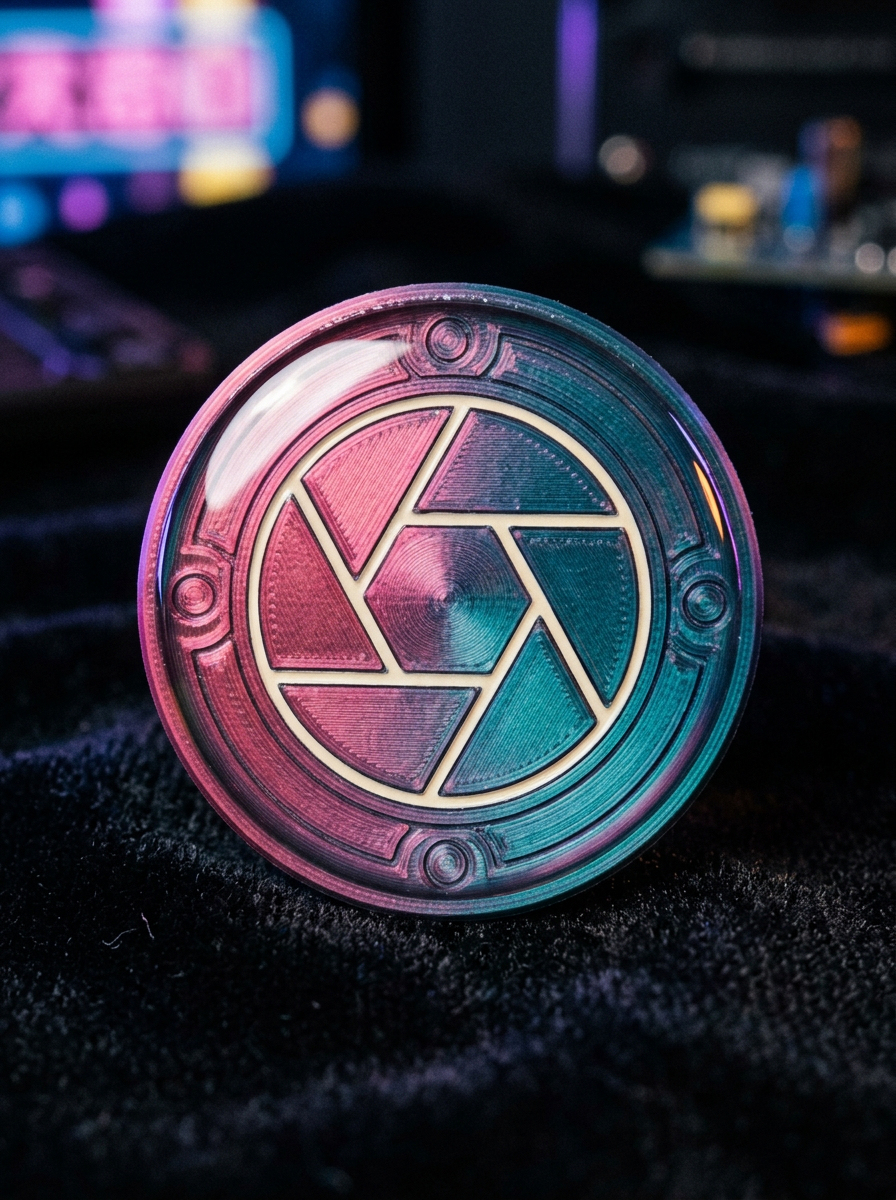 Shutter Coin anchor with dichroic dual-colour shift finish